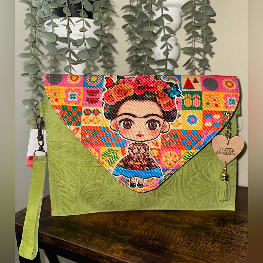 Green Women's Clutch/Crossbody with Colorful Frida-Inspired Flap